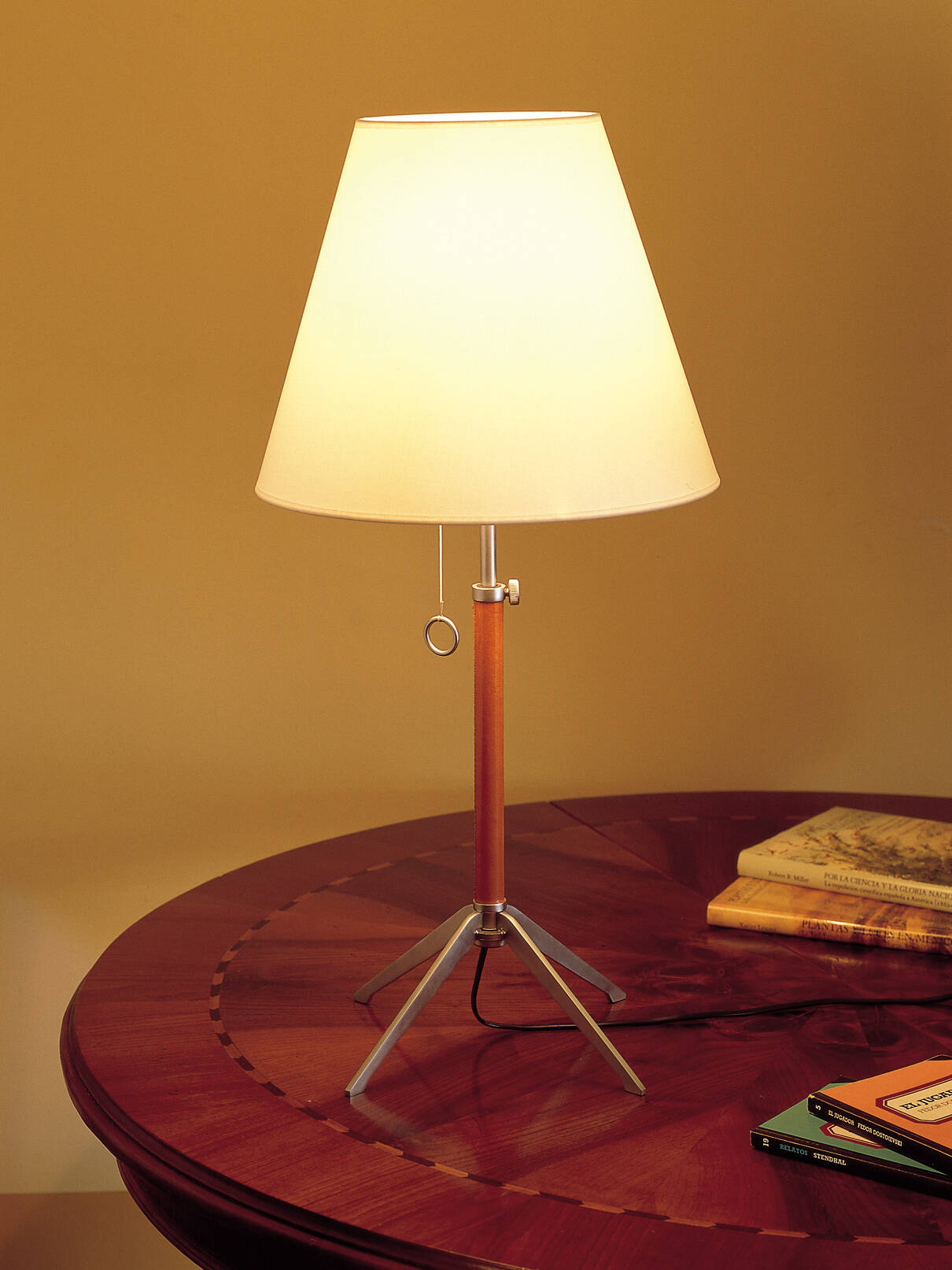 Gran mesa - Lámpara de mesa elegante sobre madera, iluminación cálida para hogar